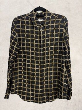 100% Silk Equipment Femme Black Chain-Print Button-Up Blouse